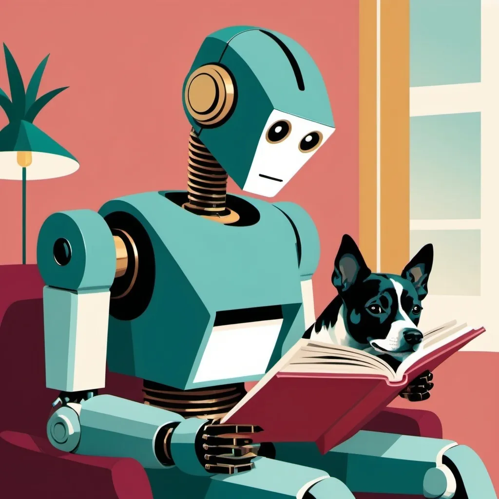 Prompt: Imagine prompt: STYLE: flat vector illustration\ SUBJECT: retro vintage robot reading a book with a black and white dog nearby\ AESTHETIC: modern art COLOR PALETTE: teal, Siena, gold, green, ruby, jewel tones 