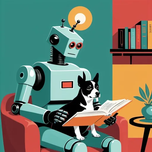 Prompt: Imagine prompt: STYLE: flat vector illustration\ SUBJECT: retro vintage robot reading a book with a black and white dog nearby\ AESTHETIC: retro vintage mid century illustrations COLOR PALETTE: teal, Siena, Marigold, green, ruby, jewel tones 