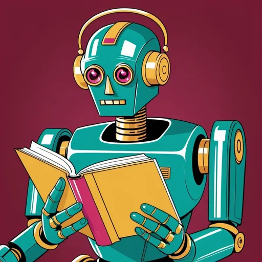 Prompt: Imagine prompt: STYLE: flat vector illustration\ SUBJECT: retro vintage robot reading a book\ AESTHETIC: pop art COLOR PALETTE: teal, gold, green, white' ruby, jewel tones 