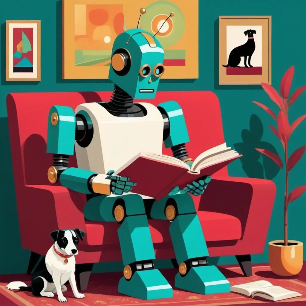 Prompt: Imagine prompt: STYLE: flat vector illustration\ SUBJECT: retro vintage robot reading a book with a black and white dog nearby\ AESTHETIC: modern art COLOR PALETTE: teal, Siena, gold, green, ruby, jewel tones 