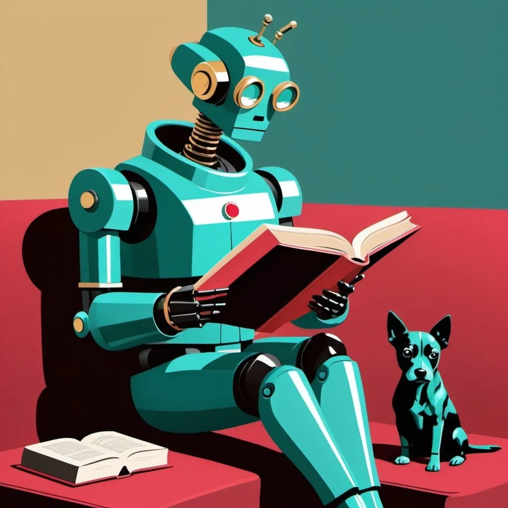 Prompt: Imagine prompt: STYLE: flat vector illustration\ SUBJECT: retro vintage robot reading a book with a black and white dog nearby\ AESTHETIC: modern art COLOR PALETTE: teal, Siena, gold, green, ruby, jewel tones 