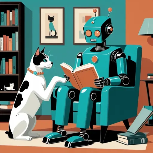 Prompt: Imagine prompt:STYLE: flat vector illustration\ SUBJECT: retro vintage robot reading a book with a black and white dog and a tabby cat\ AESTHETIC: retro vintage mid century illustrations COLOR PALETTE: teal, sienna, jewel tones 