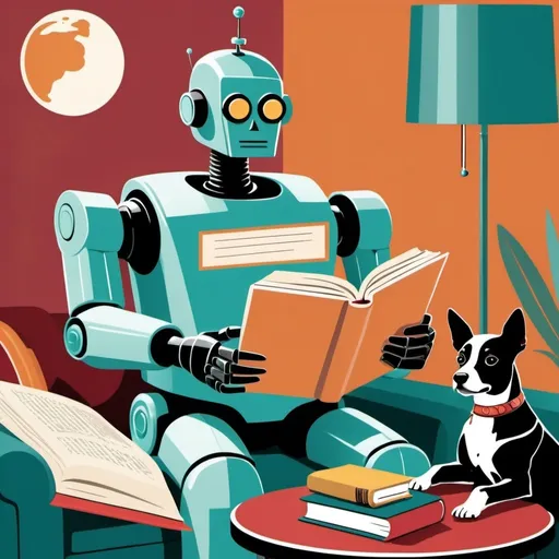 Prompt: Imagine prompt: STYLE: flat vector illustration\ SUBJECT: retro vintage robot reading a book with a black and white dog nearby\ AESTHETIC: retro vintage mid century illustrations COLOR PALETTE: teal, Siena, Marigold, green, ruby, jewel tones 