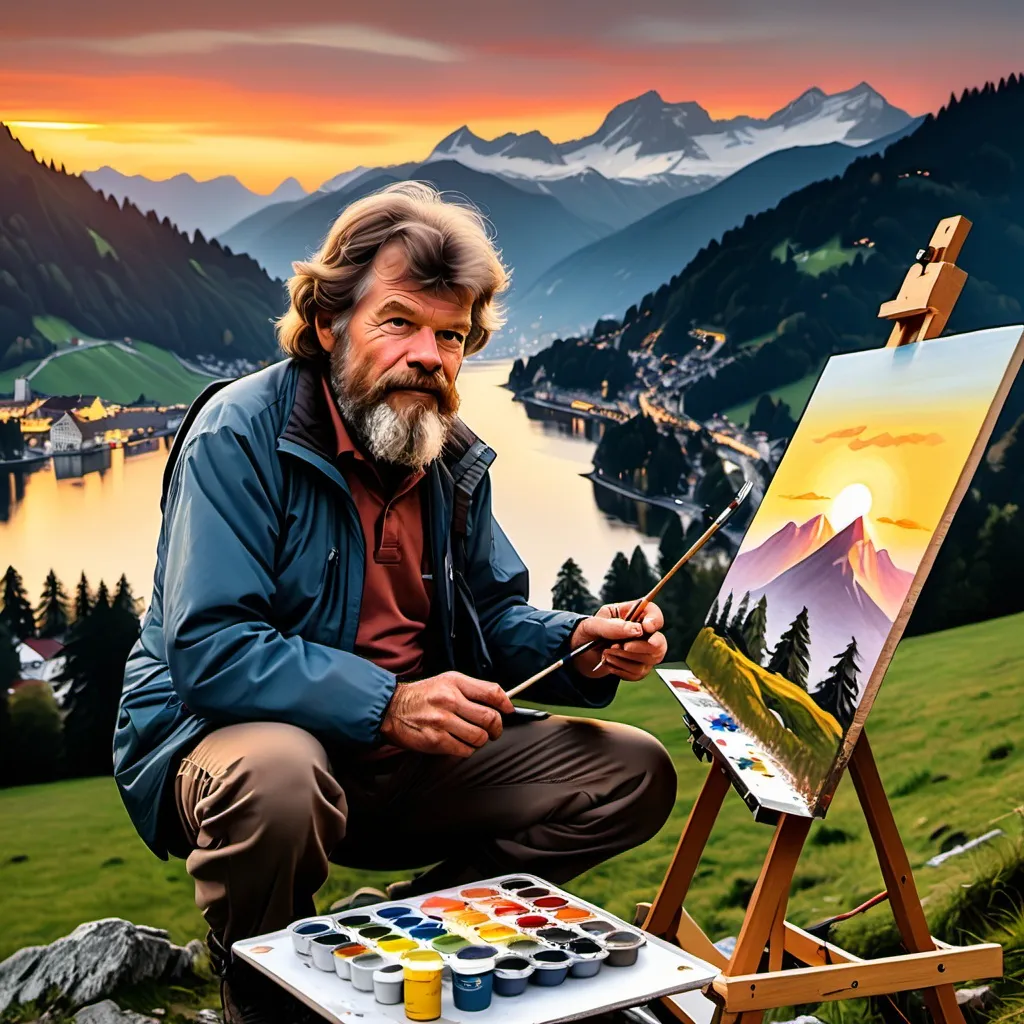 Prompt: Reinhold Messner in hiking outfit in Lucerne painting a sunset scene. reinhold Messner as Bob Ross of the Alps