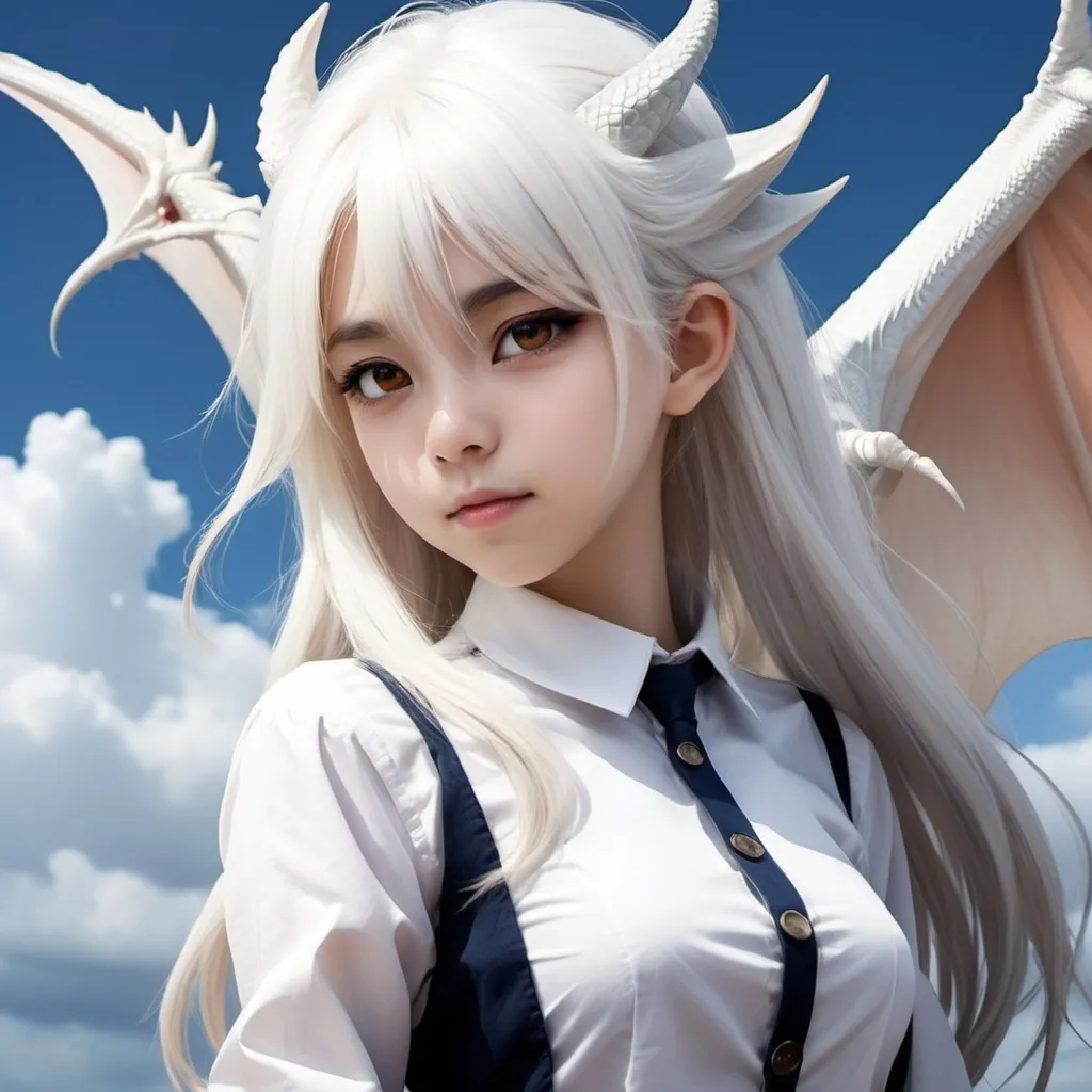 Prompt: A girl that is part Dragon part human she has white hair age 18 dragon type sky dragon