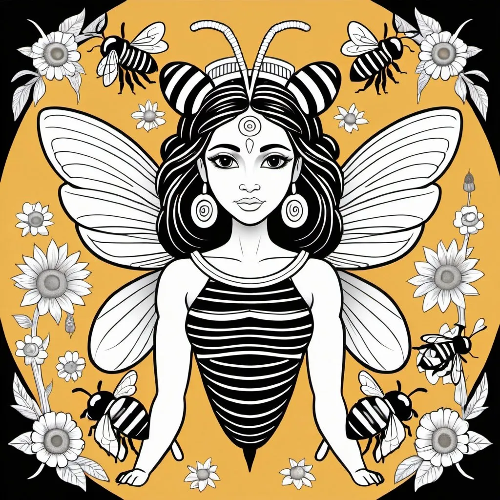 Prompt: imagine a simple carton style black and white coloring book drawing of bhramari the goddess of bees, hornets and wasps