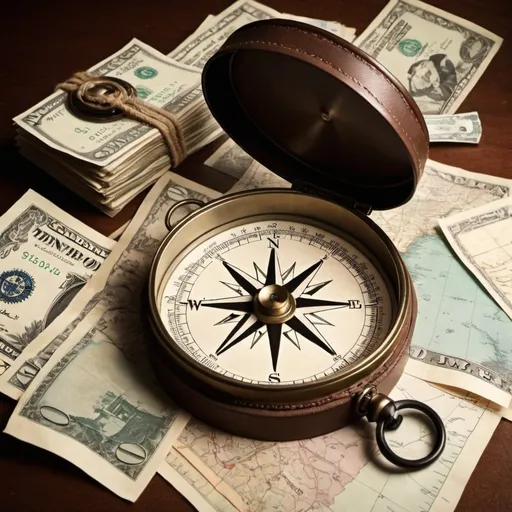 Prompt: create picture that has old style compass, maps, bags of money that are spilling out

