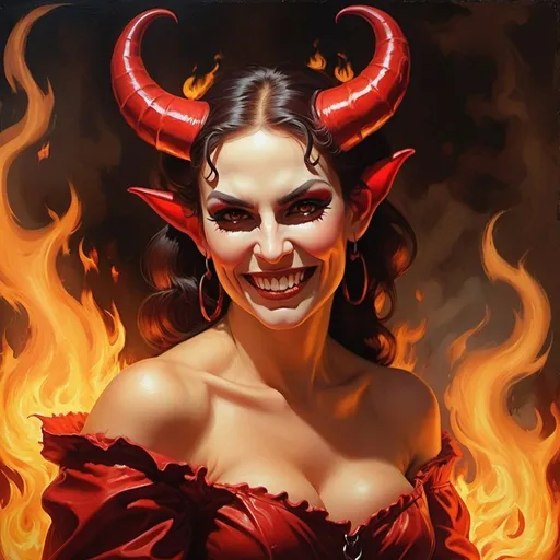 Prompt: Devil woman, in romanticism painting style, fire, pitchfork, devilish smile, masterpiece
