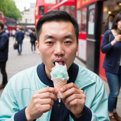 Prompt: A Chineese eating soft ice in London