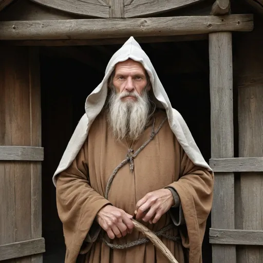 Prompt: Man of fifty years, hermit, of 1300, Middle Ages, medieval background, dressed as a hermit
