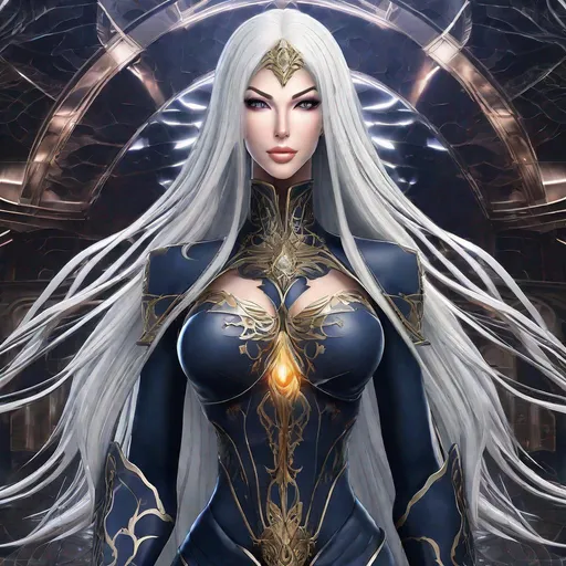 Prompt: A beautiful powerful 58 ft tall 30 year old ((British)) anime Water Elemental Queen giantess with light skin and a beautiful, elegant, strong symmetrical face. She has a strong body. She has long straight elegant white hair with two long strands of hair going down to her chest and white eyebrows. She wears a beautiful long flowing royal dark blue dress with blue royal robes. She wears blue heels. She has brightly glowing blue eyes and water droplet shaped pupils. She wears dark blue eyeshadow under her eyes. She wears a beautiful blue crown. She has a blue aura glowing from her body. She is standing in the sand with a beautiful ocean behind her and she looking at you with her glowing blue eyes. Full body art. Scenic view. {{{{high quality art}}}} ((ocean goddess)). Illustration. Concept art. Perfectly drawn. Five fingers. Full view of body and dress