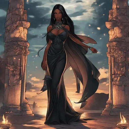 Prompt: A beautiful 59 ft tall 28 year old ((Latina))  anime darkness elemental queen giantess with dark brown skin and a beautiful strong face. She has a strong body. She has long straight black hair that covers the entire left side of her face and she has black eyebrows. She wears a beautiful long  goddess black dress that has a silvery glitter it. She has brightly glowing white eyes with white pupils. She has black lips. She wears a sliver tiara. She has a black aura behind her. She is standing in a open field with the full moon glowing behind her looking at you with her glowing white eyes. She has black smoke circling around her. Full body art. Scenic view. {{{{high quality art}}}} ((Darkness goddess)). Illustration. Concept art. Symmetrical face. Digital. Perfectly drawn. A beautiful background. Perfect hands. Only dark brown skin, hair covering left side of face