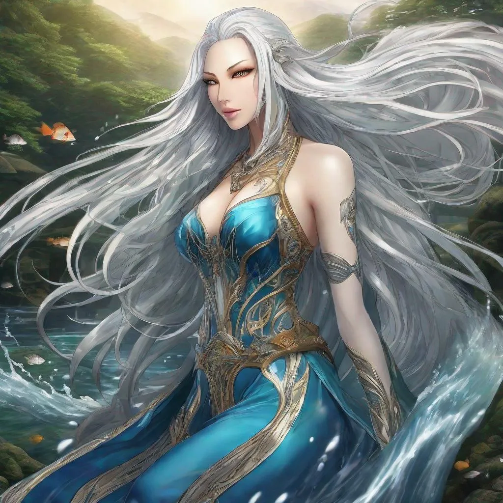 Prompt: A beautiful 58 ft tall 30 year old ((British)) anime Water Elemental Queen giantess with light skin and a beautiful, elegant, strong symmetrical face. She has a strong body. She has long straight elegant white hair with two long strands of hair going down to her chest and white eyebrows. She wears a beautiful long flowing blue goddess dress. She has brightly glowing blue eyes and water droplet shaped pupils. She wears blue eyeshadow. She wears a beautiful blue tiara. She has a blue aura glowing from her body. She is standing in the sand with a beautiful ocean behind her and she looking at you with her glowing blue eyes. Full body art. Scenic view. {{{{high quality art}}}} ((ocean goddess)). Illustration. Concept art. Perfectly drawn. Five fingers. Full view of body and dress