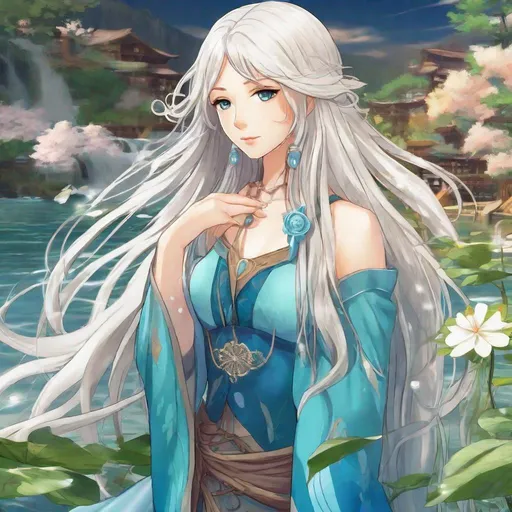 Prompt: A beautiful young 17 year old ((British)) anime Water elemental princess with light skin and a beautiful elegant symmetrical face. She has a curvy body. She has long smooth fluffy white hair with two strands coming down the sides of her face and white eyebrows. She has a small nose. She wears a beautiful flowing goddess vibrant blue dress. She has big brightly glowing dark blue eyes and water droplets shaped pupils. She wears a beautiful blue tiara. She has a blue aura around her. She is standing in a blue open field with a beautiful blue sky behind her. Beautiful scene art. Beautiful painting art. Scenic view. Full body art. {{{{high quality art}}}} ((Ocean goddess)). Illustration. Concept art. Digital. Perfectly drawn. A cool background. Five fingers. 