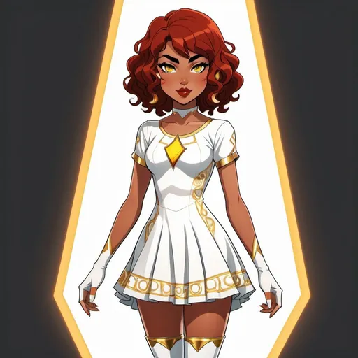 Prompt: A beautiful young 14 year old ((Latina)) evil anime light goddess with light brown skin and a symmetrical round cute face with big lips. She has a strong curvy body with a small waist. She has short curly reddish brown hair that curves to the left side of her head and reddish brown eyebrows. She wears a beautiful white short princess dress with gold and she wears a short white skirt. She wears white boots with gold on it. She has big brightly glowing yellow eyes and white pupils. She has long eyelashes. She wears a small golden tiara. She has a yellow aura around her. Full body art. {{{{high quality art}}}} Illustration. Concept art. Symmetrical face. Digital. Perfectly drawn. A cool background. Five fingers, yellow glowing eyes, full view of dress, character design, multiple angles, different views of head and body. 2D animation art style