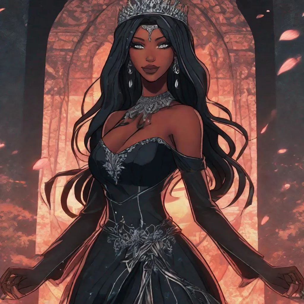 Prompt: A beautiful 59 ft tall 28 year old ((Latina))  anime darkness elemental queen giantess with dark brown skin and a beautiful strong face. She has a strong body. She has long straight black hair that covers the entire left side of her face and she has black eyebrows. She wears a beautiful long flowing goddess black dress that has a silvery glitter it. She has brightly glowing white eyes with white pupils. She wears a sliver tiara. She has a black aura behind her. She is standing in a open field with the moon glowing behind her looking at you with her glowing white eyes. She has black smoke circling around her. Full body art. Scenic view. {{{{high quality art}}}} ((Darkness goddess)). Illustration. Concept art. Symmetrical face. Digital. Perfectly drawn. A beautiful background. Perfect hands. Only dark brown skin, hair covering left eye