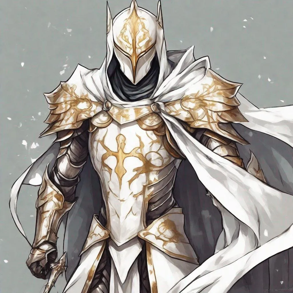 Prompt: A powerful evil anime knight wearing beautiful gold armor with white and a white cloak. He has a strong skinny body. He wears a white ((mask)) covering his face with two thin eye slits. He has three thin horns pointing vertically up on the right, left, and front on his mask. Full body art. {{{{high quality art}}}} Illustration. Concept art. Symmetrical face. Digital. Perfectly drawn. A cool background. Five fingers. 