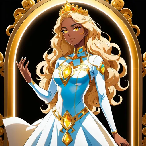 Prompt: A beautiful 17 year old ((Latina)) anime light elemental princess with light brown skin and a beautiful strong face. She has a strong body. She has curly golden yellow hair that parts at the top of her head and yellow eyebrows. She wears a beautiful tight white dress with gold markings on it. She has brightly glowing yellow eyes and white pupils. She has a yellow aura around her. She wears a beautiful golden tiara. She is looking into a mirror. Full body art. {{{{high quality art}}}} ((Light goddess)). Illustration. Concept art. Symmetrical face. Digital. Perfectly drawn. A cool background. Five fingers. Anime, two arms and hands, full view of dress and body