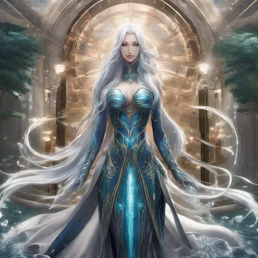 Prompt: A beautiful 58 ft tall 30 year old ((British)) anime Water Elemental Queen giantess with light skin and a beautiful, elegant, strong symmetrical face. She has a strong curvy body. She has long straight elegant white hair with two long strands of hair going down to her chest and white eyebrows. She wears a beautiful long flowing blue goddess dress. She has brightly glowing blue eyes and water droplet shaped pupils. She wears blue eyeshadow. She wears a beautiful blue tiara. She has a blue aura glowing from her body. She is standing in the sand with a beautiful ocean behind her and she looking at you with her glowing blue eyes. Full body art. Scenic view. {{{{high quality art}}}} ((ocean goddess)). Illustration. Concept art. Perfectly drawn. Five fingers. Full view of body and dress