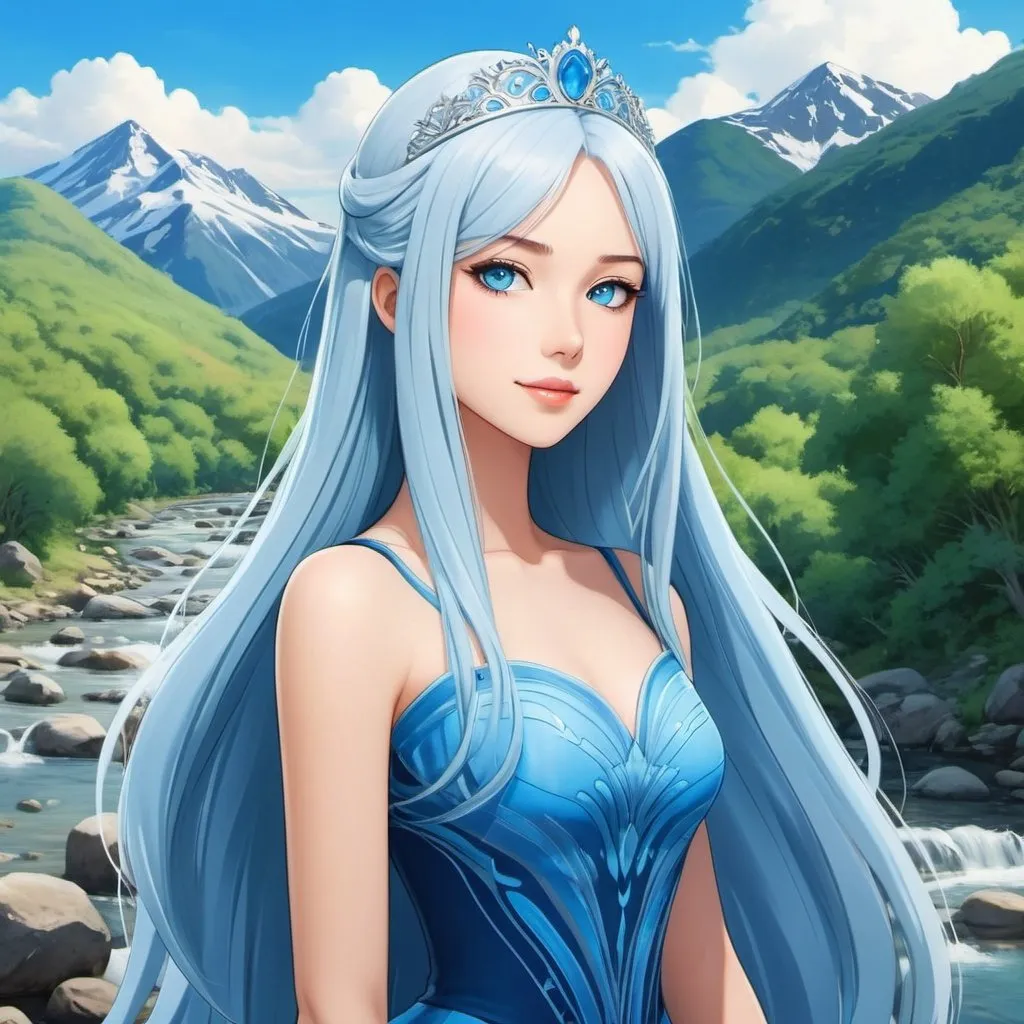 Prompt: A beautiful young 16 year old ((British)) anime Water elemental princess with light skin and a beautiful symmetrical face. She has long smooth white hair that parts down at the top of her head and two long strands coming down the sides of her face and white eyebrows. She has a small nose. She wears a beautiful slim blue princess dress. She has big brightly glowing dark blue eyes and blue colored pupils. She wears a beautiful blue tiara on the front of her head. She is standing by a creek looking at the mountain side next to her. Beautiful scene art. Beautiful painting art. Scenic view. Full body art. {{{{high quality art}}}} ((Ocean goddess)). Illustration. Concept art. Symmetrical face. Digital. Perfectly drawn. A cool background. Five fingers. full view of dress and body.