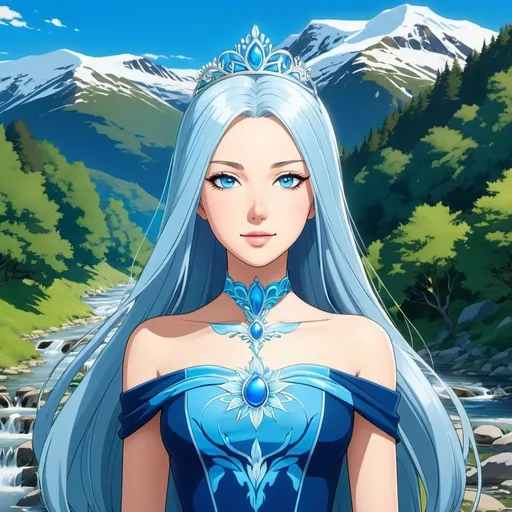 Prompt: A beautiful young 16 year old ((British)) anime Water elemental princess with light skin and a beautiful symmetrical face. She has long smooth white hair that parts down at the top of her head and two long strands coming down the sides of her face and white eyebrows. She has a small nose. She wears a beautiful slim blue princess dress. She has big brightly glowing dark blue eyes and blue colored pupils. She wears a beautiful blue tiara on the front of her head. She is standing by a creek looking at the mountain side next to her. Beautiful scene art. Beautiful painting art. Scenic view. Full body art. {{{{high quality art}}}} ((Ocean goddess)). Illustration. Concept art. Symmetrical face. Digital. Perfectly drawn. A cool background. Five fingers. full view of dress and body.