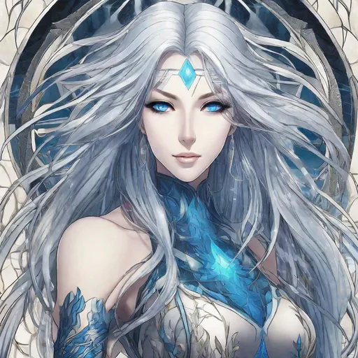 Prompt: A beautiful 58 ft tall 30 year old ((British)) anime Divine Water Elemental Queen with light skin and a beautiful, elegant, strong symmetrical face. She has long straight elegant white hair with two long strands of hair going down to her chest and white eyebrows. She wears a beautiful long all blue goddess dress made of water with long thin blue royal robs. She has brightly glowing blue eyes and water droplet shaped pupils. She wears blue eyeshadow. She wears a beautiful blue tiara. She has a blue aura glowing from her body. She is standing in a open field looking at you with her glowing blue eyes. Full body art. Scenic view. {{{{high quality art}}}} ((ocean goddess)). Illustration. Concept art. Perfectly drawn. Five fingers.
