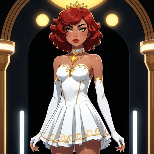 Prompt: A beautiful young 14 year old ((Latina)) evil anime light goddess with light brown skin and a symmetrical round cute face with big lips. She has a strong curvy body with a small waist. She has short curly reddish brown hair that curves to the left side of her head and reddish brown eyebrows. She wears a beautiful white short princess dress with gold and she wears a short white skirt. She wears white boots with gold on it. She has big brightly glowing yellow eyes and white pupils. She has long eyelashes. She wears a small golden tiara. She has a yellow aura around her. She is standing in a dark room. Full body art. {{{{high quality art}}}} Illustration. Concept art. Symmetrical face. Digital. Perfectly drawn. A cool background. Five fingers, yellow glowing eyes, full view of dress, character design, multiple angles, different views of head and body. 2D animation art style. Full body image of dress and shoes 