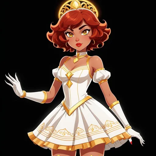 Prompt: A beautiful young 14 year old ((Latina)) evil anime light goddess with light brown skin and a symmetrical round cute face with big lips. She has a strong curvy body with a small waist. She has short curly reddish brown hair that curves to the left side of her head and reddish brown eyebrows. She wears a beautiful white short princess dress with gold and she wears a short white skirt. She wears white boots with gold on it. She has big brightly glowing yellow eyes and white pupils. She has long eyelashes. She wears a small golden tiara. She has a yellow aura around her. Full body art. {{{{high quality art}}}} Illustration. Concept art. Symmetrical face. Digital. Perfectly drawn. A cool background. Five fingers, yellow glowing eyes, full view of dress, character design, multiple angles, different views of head and body. 2D animation art style