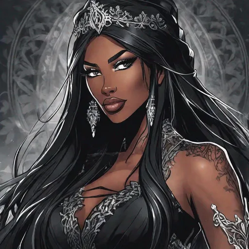 Prompt: A beautiful 59 ft tall 28 year old ((Latina))  anime darkness elemental queen with dark brown skin and a beautiful strong face. She has a strong body. She has long straight black hair that covers the entire left side of her face at the top and she has black eyebrows. She wears a beautiful long black dress that has a silvery glitter to it. She has brightly glowing white eyes with white pupils. She has black lips. She wears a sliver tiara. She has a black aura behind her. She is at you with her glowing white eyes. She is looking in a mirror in a room. Full body art. Beautiful art. 
{{{{high quality art}}}} ((Darkness goddess)). Illustration. Concept art. Symmetrical face. Digital. Perfectly drawn. A beautiful background. Perfect hands. Only dark brown skin, hair covering left side of face, two arms and hands, cover left side of head, follow prompt