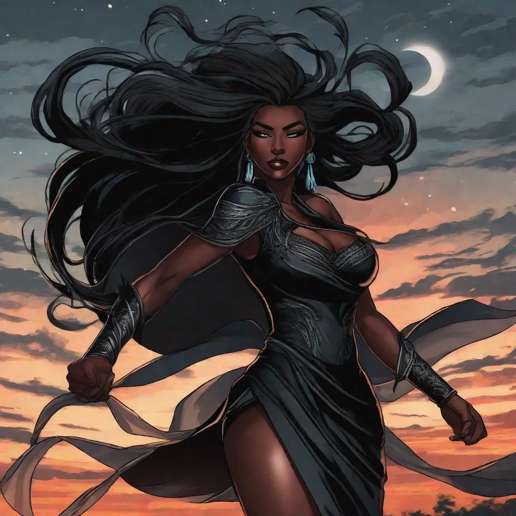 Prompt: A beautiful 59 ft tall 28 year old ((Latina))  anime darkness elemental queen giantess with dark brown skin and a beautiful strong face. She has a strong body. She has long straight black hair that covers the entire left side of her face and she has black eyebrows. She wears a beautiful long flowing goddess black dress that has a silvery glitter it. She has brightly glowing white eyes with white pupils. She has black lips. She wears a sliver tiara. She has a black aura behind her. She is standing in a open field with the moon glowing behind her looking at you with her glowing white eyes. She has black smoke circling around her. Full body art. Scenic view. {{{{high quality art}}}} ((Darkness goddess)). Illustration. Concept art. Symmetrical face. Digital. Perfectly drawn. A beautiful background. Perfect hands. Only dark brown skin, hair covering left side of face