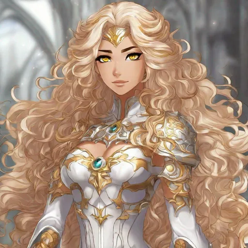 Prompt: A beautiful 17 year old evil ((Latina)) anime light elemental princess with light brown skin and a beautiful strong face. She has a strong body. She has curly golden yellow hair that parts at the top of her head and yellow eyebrows. She wears a beautiful goddess white dress with gold markings on it. She has brightly glowing yellow eyes and white pupils. She has a yellow aura around her. She wears a beautiful golden tiara. She is standing in a beautiful field of gold holding two golden swords and looking up at the sun. Beautiful scene art. Scenic view. Full body art. {{{{high quality art}}}} ((Light goddess)). Illustration. Concept art. Symmetrical face. Digital. Perfectly drawn. A cool background. Five fingers. Anime