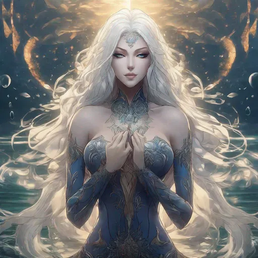 Prompt: A beautiful 58 ft tall 30 year old ((British)) anime Water Elemental Queen giantess with light skin and a beautiful, elegant, strong symmetrical face. She has a strong body. She has long straight elegant white hair with two long strands of hair going down to her chest and white eyebrows. She wears a beautiful long flowing all blue goddess dress. She wears blue heels. She has brightly glowing blue eyes and water droplet shaped pupils. She wears blue eyeshadow. She wears a beautiful blue tiara. She has a blue aura glowing from her body. She is standing in the sand with a beautiful ocean behind her and she looking at you with her glowing blue eyes. Full body art. Scenic view. {{{{high quality art}}}} ((ocean goddess)). Illustration. Concept art. Perfectly drawn. Five fingers. Full view of body and dress