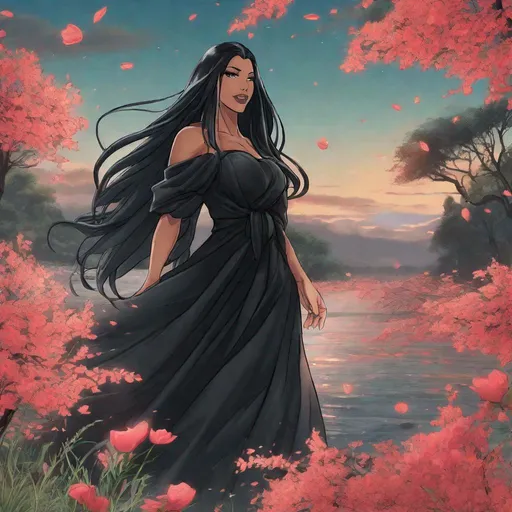 Prompt: A beautiful 59 ft tall 28 year old ((Latina))  anime darkness elemental queen giantess with dark brown skin and a beautiful strong face. She has a strong body. She has long straight black hair that covers the entire left side of her face and she has black eyebrows. She wears a beautiful long flowing goddess black dress that has a silvery glitter it. She has brightly glowing white eyes with white pupils. She has black lips. She wears a sliver tiara. She has a black aura behind her. She is standing in a open field with the moon glowing behind her looking at you with her glowing white eyes. She has black smoke circling around her. Full body art. Scenic view. {{{{high quality art}}}} ((Darkness goddess)). Illustration. Concept art. Symmetrical face. Digital. Perfectly drawn. A beautiful background. Perfect hands. Only dark brown skin, hair covering left side of face