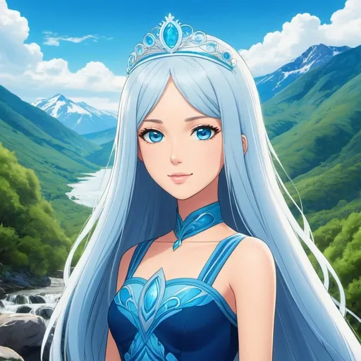 Prompt: A beautiful young 16 year old ((British)) anime Water elemental princess with light skin and a beautiful symmetrical face. She has long smooth white hair that parts down at the top of her head and two long strands coming down the sides of her face and white eyebrows. She has a small nose. She wears a beautiful slim blue princess dress. She has big brightly glowing dark blue eyes and blue colored pupils. She wears a beautiful blue tiara on the front of her head. She is standing by a creek looking at the mountain side next to her. Beautiful scene art. Beautiful painting art. Scenic view. Full body art. {{{{high quality art}}}} ((Ocean goddess)). Illustration. Concept art. Symmetrical face. Digital. Perfectly drawn. A cool background. Five fingers. full view of dress and body.