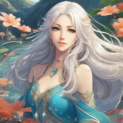 Prompt: A beautiful young 17 year old ((British)) anime Water elemental princess with light skin and a beautiful elegant symmetrical face. She has a curvy body. She has long smooth fluffy white hair with two strands coming down the sides of her face and white eyebrows. She has a small nose. She wears a beautiful flowing goddess vibrant blue dress. She has big brightly glowing dark blue eyes and water droplets shaped pupils. She wears a beautiful blue tiara. She has a blue aura around her. She is standing in a blue open field with a beautiful blue sky behind her. Beautiful scene art. Beautiful painting art. Scenic view. Full body art. {{{{high quality art}}}} ((Ocean goddess)). Illustration. Concept art. Digital. Perfectly drawn. A cool background. Five fingers. 