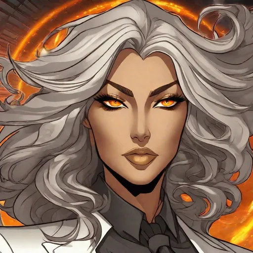 Prompt: A beautiful 60ft tall 36 year old ((American)) anime Earth Elemental Queen giantess with tan skin and a beautiful strong symmetrical face. She has a strong body. She has long curly sandy gray hair with sandy gray eyebrows. She wears a modern grey suit with a black tie with modern grey pants. She has brightly glowing orange eyes and rock shaped pupils. She wears a gold tiara. She has a orange aura glowing from her body. She is standing in the city with a beautiful blue sky behind her and she looking at you with her glowing orange eyes. Full body art. Scenic view. {{{{high quality art}}}} ((earth goddess)). Illustration. Concept art. Perfectly drawn. Five fingers. Full view of body