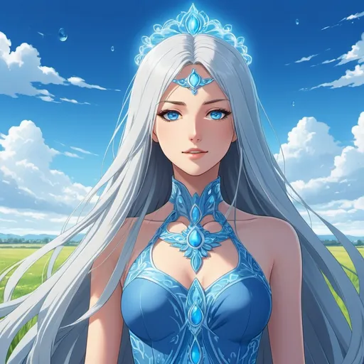 Prompt: A beautiful young 16 year old ((British)) anime Water elemental princess with light skin and a beautiful symmetrical face. She has long smooth white hair that parts down at the top of her head and two long strands coming down the sides of her face and white eyebrows. She has a small nose. She wears a beautiful flowing goddess blue dress. She has big brightly glowing dark blue eyes and water droplets shaped pupils. She wears a beautiful blue tiara. She has a blue aura around her. She is standing in a blue open field with a beautiful blue sky behind her. Beautiful scene art. Beautiful painting art. Scenic view. Full body art. {{{{high quality art}}}} ((Ocean goddess)). Illustration. Concept art. Symmetrical face. Digital. Perfectly drawn. A cool background. Five fingers. Anime