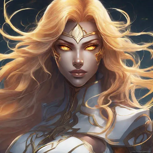 Prompt: A beautiful 59 ft tall 28 year old evil ((Latina)) anime light elemental queen giantess with light brown skin and a beautiful strong face. She has a strong body. She has long curly golden yellow hair and golden yellow eyebrows. She wears a beautiful goddess white dress with gold made of light. She has brightly glowing yellow eyes and white pupils. She wears a golden tiara. She has a yellow aura behind her. She is floating in the cosmos looking at you with her glowing yellow eyes. She has yellow light glowing around her. Full body art. Scenic view. {{{{high quality art}}}} ((Light goddess)). Illustration. Concept art. Symmetrical face. Digital. Perfectly drawn. A beautiful background.