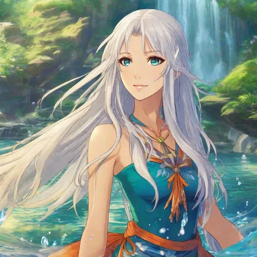 Prompt: A beautiful young 17 year old ((British)) anime Water elemental princess with light skin and a beautiful symmetrical cute face. She has long straight white hair with two strands of hair in front of her face coming down the sides of her face reaching her chest and she has white eyebrows.  She wears a beautiful flowing goddess vibrant blue dress. She has big brightly glowing dark blue eyes and water droplets shaped pupils. She wears a beautiful blue tiara. She has a blue aura around her. She is standing in a blue open field with a beautiful blue sky behind her. Beautiful scene art. Beautiful painting art. Scenic view. Full body art. {{{{high quality art}}}} ((Ocean goddess)). Illustration. Concept art. Symmetrical face. Digital. Perfectly drawn. A cool background. Five fingers. Hair strands going down both sides of her face.