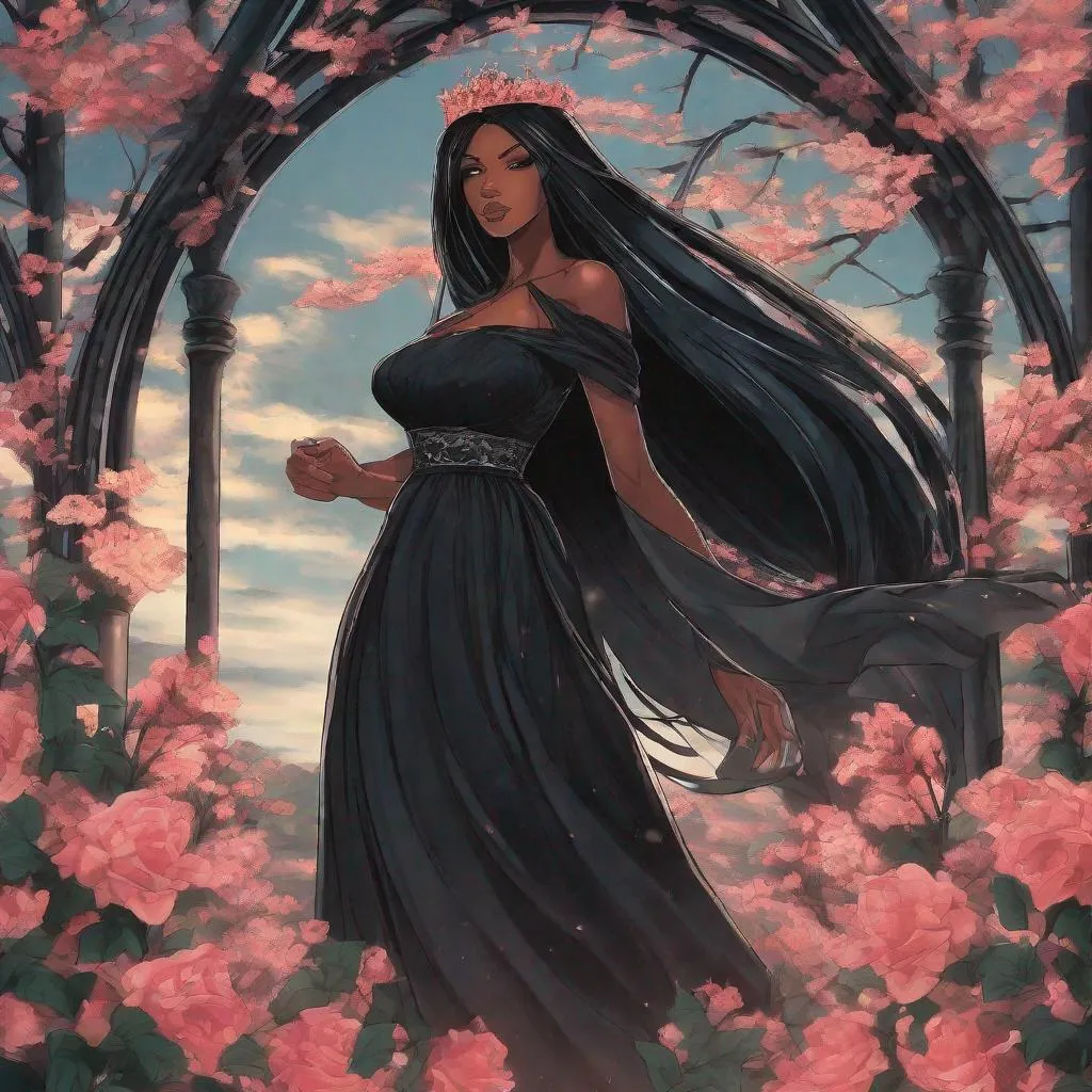 Prompt: A beautiful 59 ft tall 28 year old ((Latina))  anime darkness elemental queen giantess with dark brown skin and a beautiful strong face. She has a strong body. She has long straight black hair that covers the entire left side of her face and she has black eyebrows. She wears a beautiful long  goddess black dress that has a silvery glitter it. She has brightly glowing white eyes with white pupils. She has black lips. She wears a sliver tiara. She has a black aura behind her. She is standing in a open field with the full moon glowing behind her looking at you with her glowing white eyes. She has black smoke circling around her. Full body art. Scenic view. {{{{high quality art}}}} ((Darkness goddess)). Illustration. Concept art. Symmetrical face. Digital. Perfectly drawn. A beautiful background. Perfect hands. Only dark brown skin, hair covering left side of face