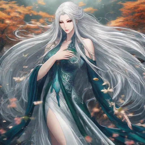 Prompt: A beautiful 58 ft tall 30 year old ((British)) anime Water Elemental Queen giantess with light skin and a beautiful, elegant, strong symmetrical face. She has a strong body. She has long straight elegant white hair with two long strands of hair going down to her chest and white eyebrows. She wears a beautiful long flowing blue goddess dress. She has brightly glowing blue eyes and water droplet shaped pupils. She wears blue eyeshadow. She wears a beautiful blue tiara. She has a blue aura glowing from her body. She is standing in the sand with a beautiful ocean behind her and she looking at you with her glowing blue eyes. Full body art. Scenic view. {{{{high quality art}}}} ((ocean goddess)). Illustration. Concept art. Perfectly drawn. Five fingers. Full view of body and dress
