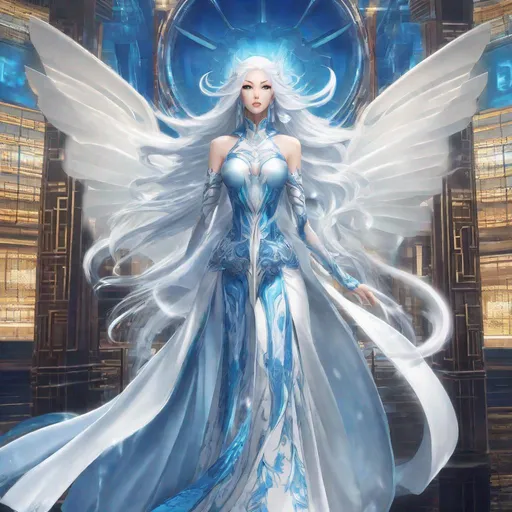Prompt: A beautiful 58 ft tall 32 year old ((asian)) anime Air Elemental Queen giantess with light skin and a beautiful strong symmetrical face. She has a strong body. She has long straight elegant light white and blue hair with a Asian hairstyle and light white and blue eyebrows. She wears a beautiful light white goddess dress. She had blue and white colored wings. She has brightly glowing light blue eyes and wind shaped pupils. She wears a beautiful light blue and white tiara. She has a blue and white aura glowing from her body. She is standing looking at you with her glowing light blue eyes. Full body art. Scenic view. {{{{high quality art}}}} ((air goddess)). Illustration. Concept art. Perfectly drawn. Five fingers. Full view of body and dress