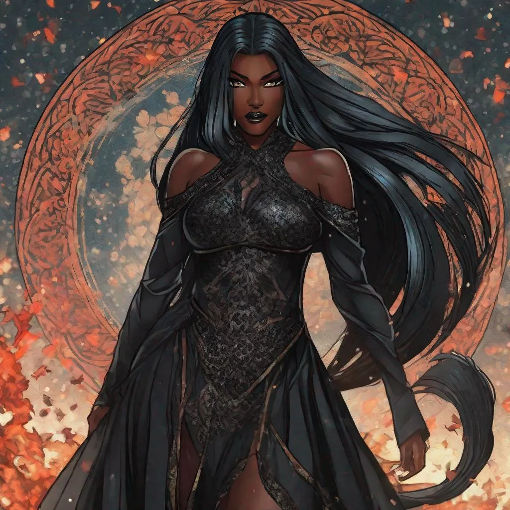 Prompt: A beautiful 59 ft tall 28 year old ((Latina))  anime darkness elemental queen giantess with dark brown skin and a beautiful strong face. She has a strong body. She has long straight black hair that covers the entire left side of her face and she has black eyebrows. She wears a beautiful long flowing goddess black dress that has a silvery glitter it. She has brightly glowing white eyes with white pupils. She has black lips. She wears a sliver tiara. She has a black aura behind her. She is standing in a open field with the moon glowing behind her looking at you with her glowing white eyes. She has black smoke circling around her. Full body art. Scenic view. {{{{high quality art}}}} ((Darkness goddess)). Illustration. Concept art. Symmetrical face. Digital. Perfectly drawn. A beautiful background. Perfect hands. Only dark brown skin, hair covering left eye