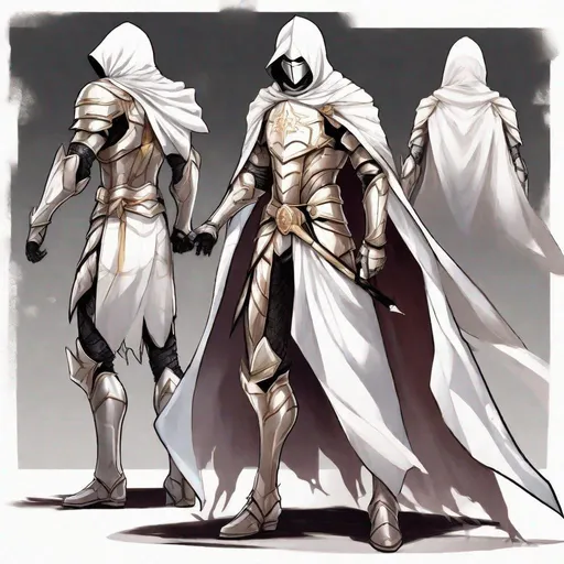 Prompt: A powerful evil anime knight wearing beautiful gold armor with white and a white cloak. He has a strong skinny body. He wears a white ((mask)) covering his face with two thin eye slits. He has three thin horns pointing vertically up on the right, left, and front on his mask. Full body art. {{{{high quality art}}}} Illustration. Concept art. Symmetrical face. Digital. Perfectly drawn. A cool background. Five fingers. 