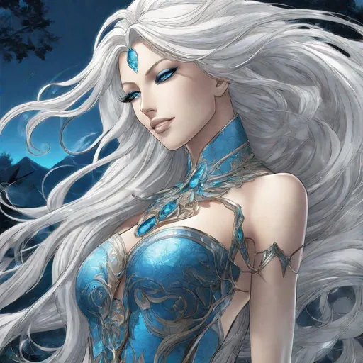 Prompt: A beautiful 58 ft tall 30 year old ((British)) anime Water Elemental Queen giantess with light skin and a beautiful, elegant, strong symmetrical face. She has a strong curvy body. She has long straight elegant white hair with two long strands of hair going down to her chest and white eyebrows. She wears a beautiful long flowing radiant blue goddess dress. She has brightly glowing blue eyes and water droplet shaped pupils. She wears blue eyeshadow. She wears a beautiful blue tiara. She has a blue aura glowing from her body. She is standing in the sand with a beautiful ocean behind her and she looking at you with her glowing blue eyes. Full body art. Scenic view. {{{{high quality art}}}} ((ocean goddess)). Illustration. Concept art. Perfectly drawn. Five fingers. Full view of body and dress