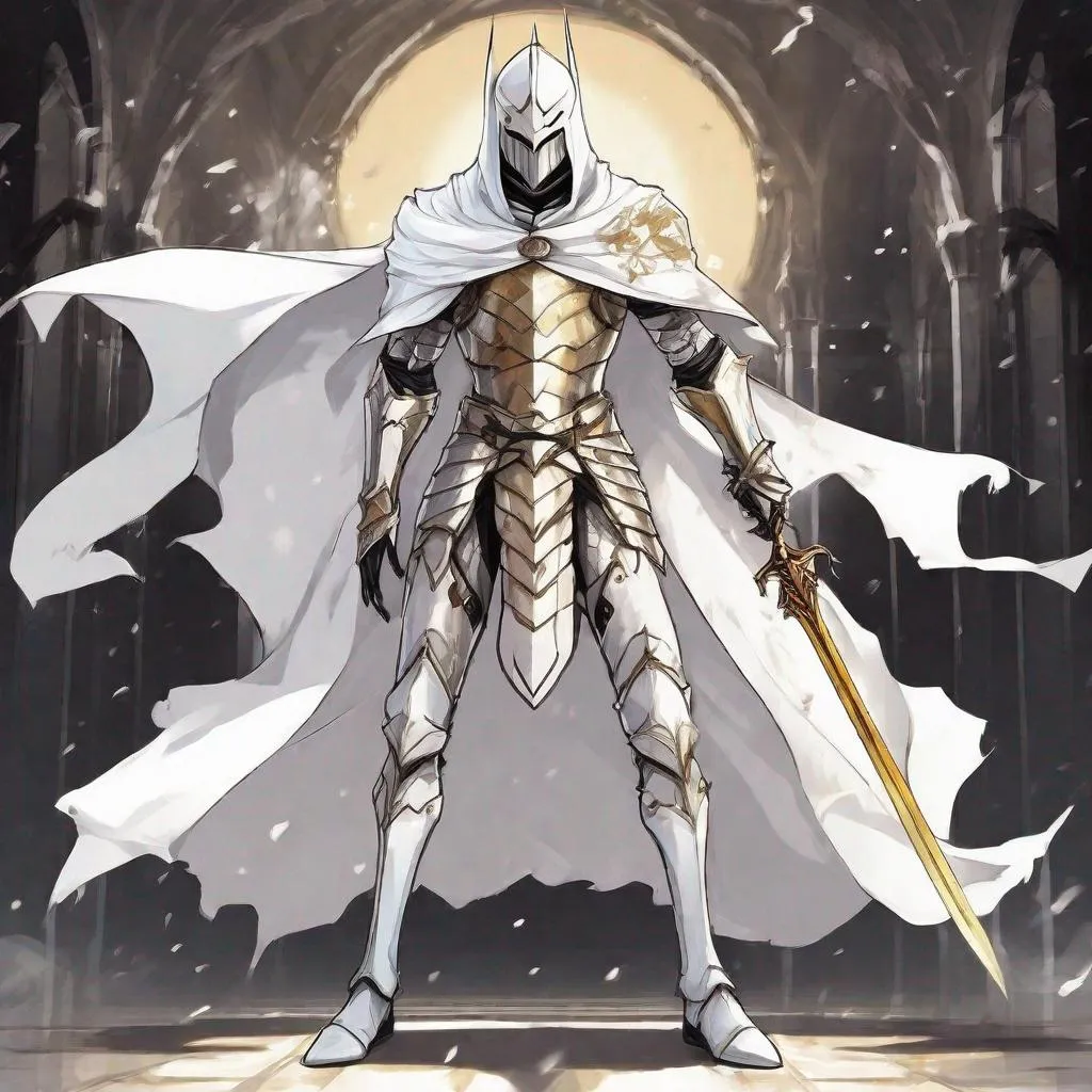 A powerful evil anime knight wearing beautiful gold...