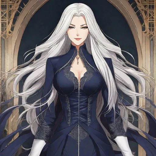 Prompt: A beautiful powerful 58 ft tall 30 year old ((British)) anime Queen with light skin and a beautiful, elegant, strong symmetrical face. She has a strong body. She has long straight elegant white hair with two long strands of hair going down to her chest and white eyebrows. She wears a beautiful long flowing royal slim dark blue dress. She wears blue heels. She has bright blue eyes and blue pupils. She wears dark blue eyeshadow under her eyes. She wears a beautiful blue crown. Full body art. Scenic view. {{{{high quality art}}}}. Illustration. Concept art. Perfectly drawn. Five fingers. Full view of body and dress
