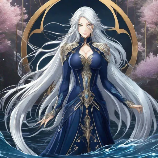 Prompt: A beautiful powerful 58 ft tall 30 year old anime Water Elemental Queen giantess with light skin and a beautiful, elegant, strong symmetrical face. She has a strong body. She has long straight elegant white hair with two long strands of hair going down to her chest and white eyebrows. She wears a beautiful long flowing royal dark blue dress. She wears blue heels. She has brightly glowing blue eyes and water droplet shaped pupils. She wears dark blue eyeshadow under her eyes. She wears a beautiful blue crown. She has a blue aura glowing from her body. She is standing in the sand with a beautiful ocean behind her and she looking at you with her glowing blue eyes. Full body art. Scenic view. {{{{high quality art}}}} ((ocean goddess)). Illustration. Concept art. Perfectly drawn. Five fingers. Full view of body and dress