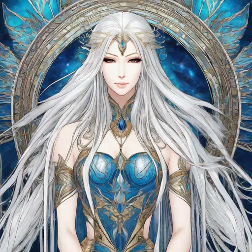 Prompt: A beautiful 58 ft tall 30 year old ((British)) anime Divine Water Goddess Queen with light skin and a beautiful, elegant, strong symmetrical face. She has long straight elegant white hair with two long strands of hair going down to her chest and white eyebrows. She wears a beautiful long blue goddess dress made of water with long thin blue royal robs. She has brightly glowing blue eyes and water droplet shaped pupils. She wears a beautiful blue tiara. She has a blue aura glowing from her body. She is standing in a open field looking at you with her glowing blue eyes. Full body art. Scenic view. {{{{high quality art}}}} ((ocean goddess)). Illustration. Concept art. Perfectly drawn. Five fingers.