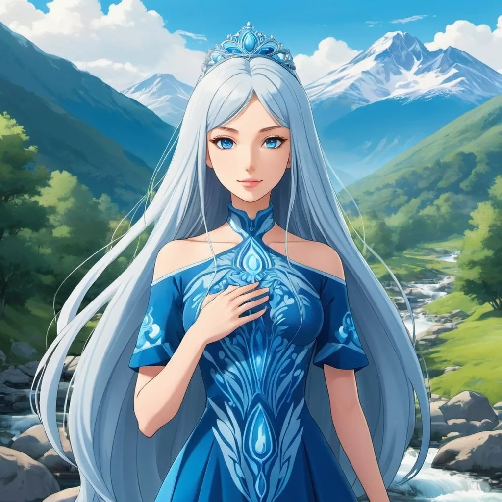 Prompt: A beautiful young 16 year old ((British)) anime Water elemental princess with light skin and a beautiful symmetrical face. She has long smooth white hair that parts down at the top of her head and two long strands coming down the sides of her face and white eyebrows. She has a small nose. She wears a beautiful slim blue princess dress. She has big brightly glowing dark blue eyes and blue colored pupils. She wears a beautiful blue tiara on the front of her head. She is standing by a creek looking at the mountain side next to her. Beautiful scene art. Beautiful painting art. Scenic view. Full body art. {{{{high quality art}}}} ((Ocean goddess)). Illustration. Concept art. Symmetrical face. Digital. Perfectly drawn. A cool background. Five fingers. full view of dress and body.